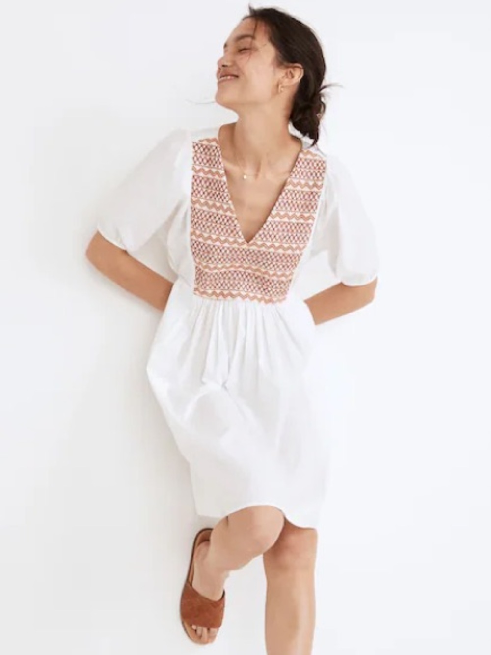 Madewell Embroidered Poplin V Neck Mini Dress Boho Cottagecore White and Rust XS